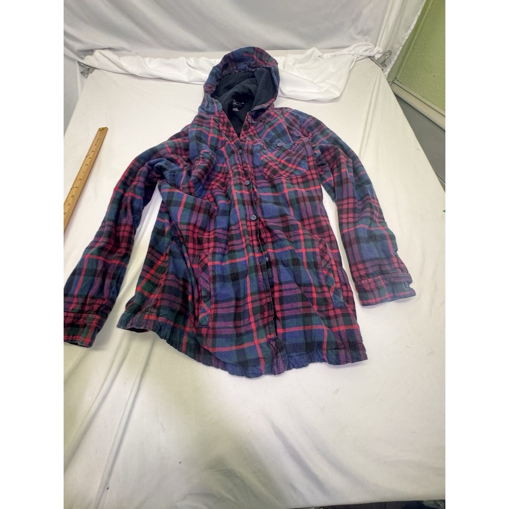 Eddie Bauer Black Red Womens XL Tartan Plaid Shacket Hooded Retro Western Jacket